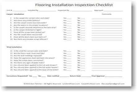Landlord Flooring Installation Inspection Checklist. Free to print and use. Landlordfloors.com